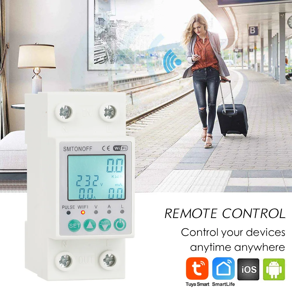 Tuya WiFi 2P 63A Bi-directional Measuring Prepaid kWh Meter Auto-reclosing Over