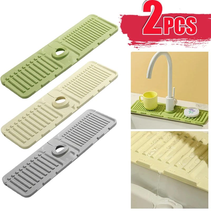 

Upgraded Faucet Mat Silicone Kitchen Sink Tray Soap Dispenser Sponge Drain Pad Sink Splash Drying Mat Countertop Storage Tray
