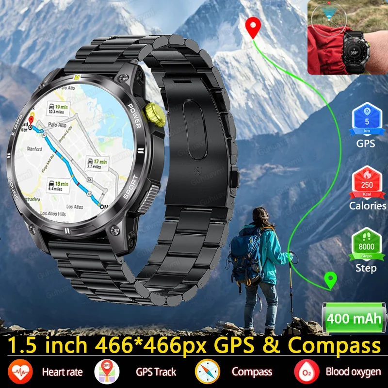 견고한 군용 GPS 스마트 워치 남성용, AMOLED HD 스크린, 나침반 심박수, AI 음성, 블루투스 통화, 야외 스마트워치, 1.5 인치, 2024 신제품