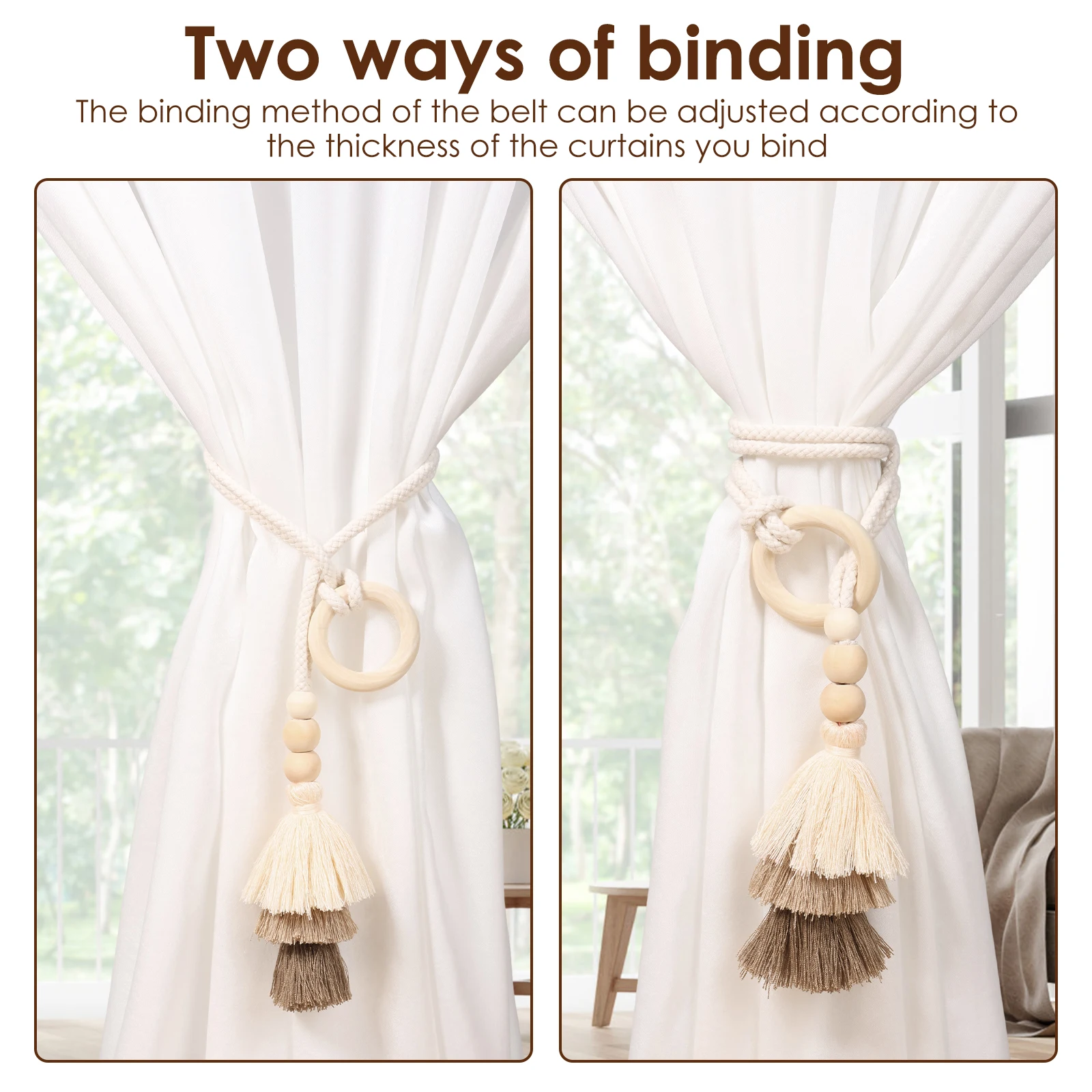4/6 Pcs Curtain Tiebacks Fringed Wooden Ring Curtain Tieback Bohemian Style Curtains Clasp for Bedrooms Room and Home Decoration