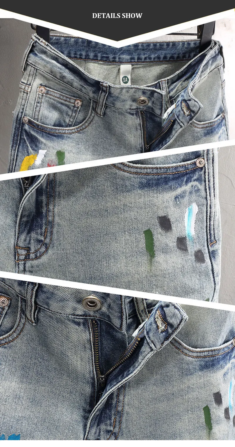 Close-up of front opened button-zip fly with paint-splatter detail on Drayven Edgewave Jeans