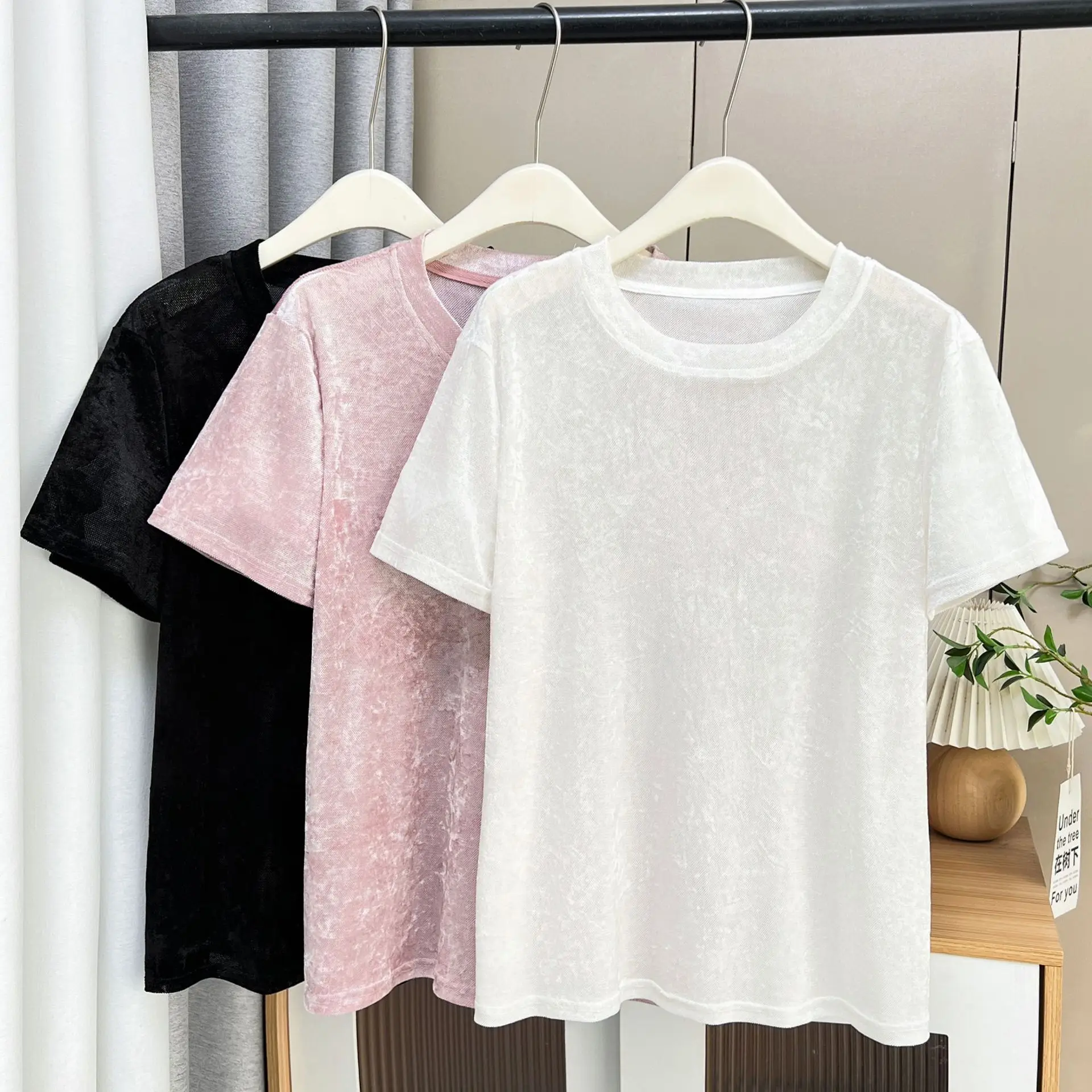 100kg Summer New Tees Fashion Velour Short Sleeve Plus Size Women's T-Shirt Temperament Thin Base Top 625