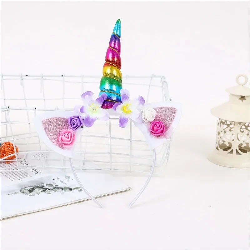 Kids Princess Headband Glitter Ears Hairband Rainbow Horn Headwear Christmas Party Hair Accessories Birthday Gift DIY1pc