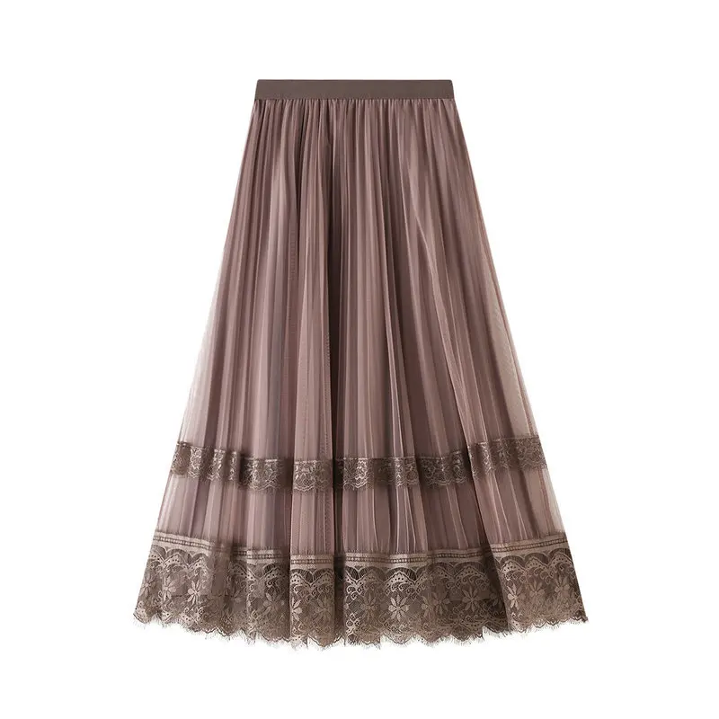 

Korean Reversible Lace Velvet Tulle Long Skirt Women Spring Summer Black High Waist Lace A-line Pleated Midi Skirt For Female