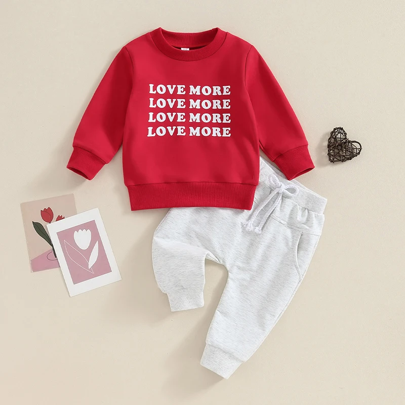 

2023-10-26 Lioraitiin 0-3Y Baby Boy Valentines Day Outfit Letter Print Pullover Long Sleeve Sweatshirt Solid Pants Set