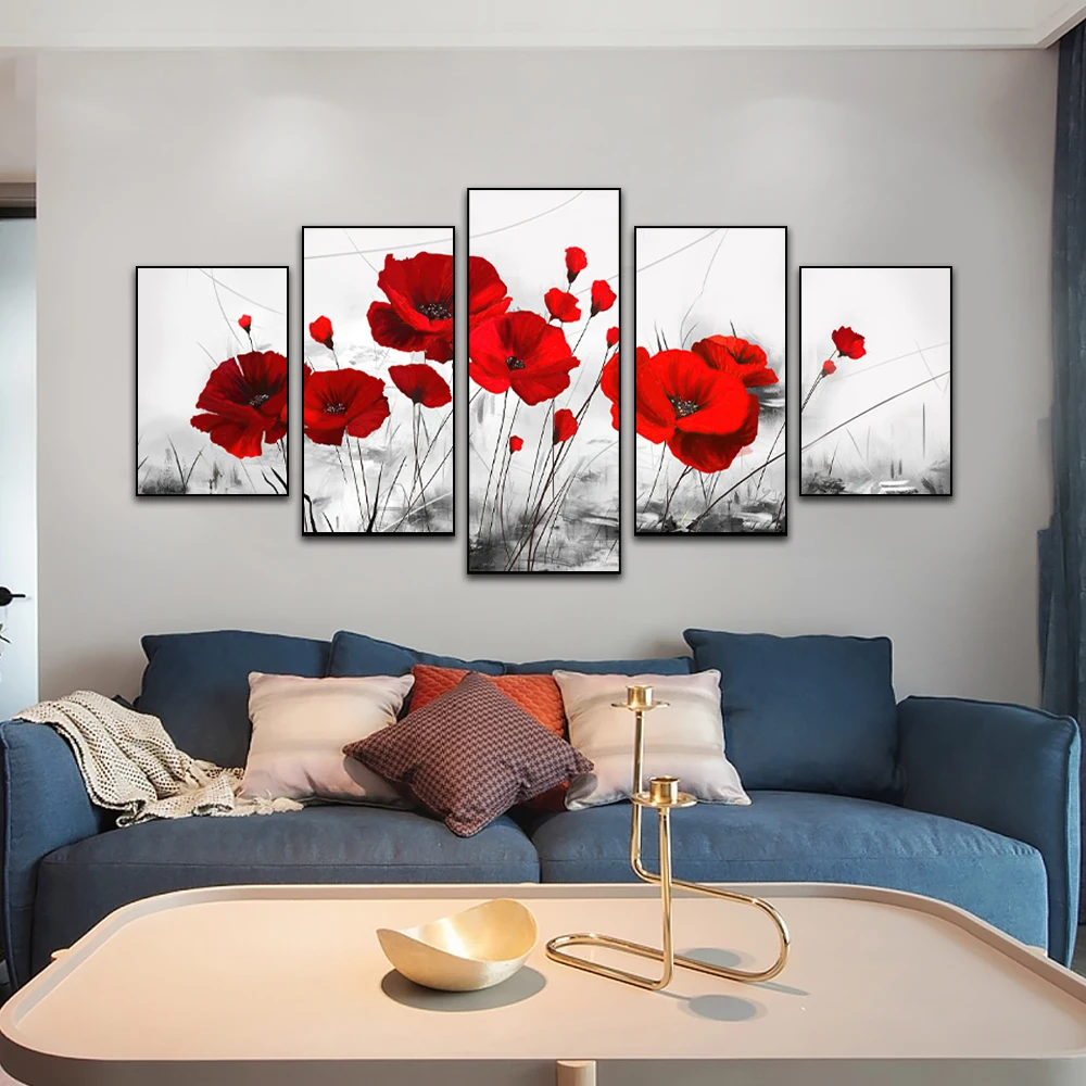 

5 Panels Abstract Red Poppy Flower Canvas Painting Wall Art Poster and Prints Art Decoration Pictures for Living Room Home Decor