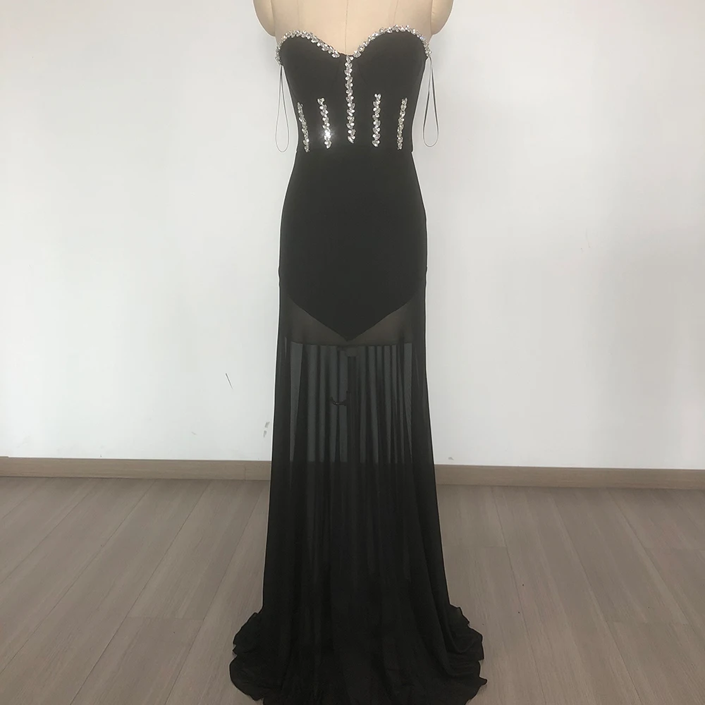 Elegant Black Corset Dress with Sheer Mesh Skirt Strapless Beaded Evening Gown for Women Sleeveless Backless See Through Dresses