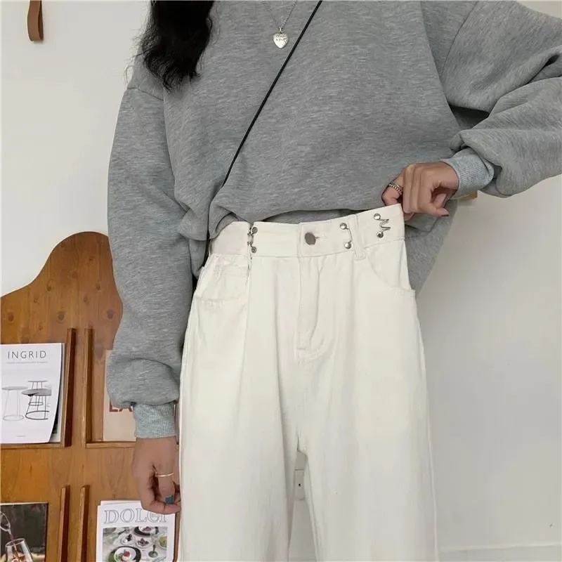 Women's Fashion Wide Leg Pants 2023 Spring White Oversized High Waist Jeans Streetwear Female Full Length Loose Denim Trousers
