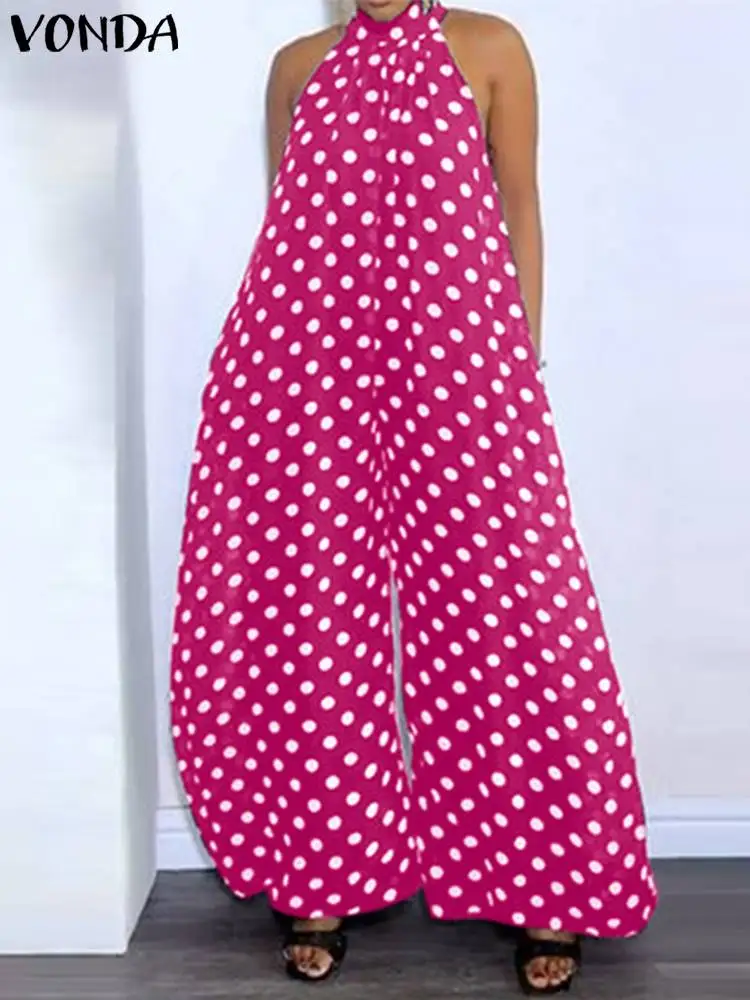 VONDA Women Jumpsuits 2024 Vintage Standing Collar Sleeveless Polka Dot Jumpsuit Summer Party Romper Overalls Oversized