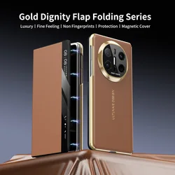 Luxury Smart Leather Gold-Toned Magnetic Protective Case with Lens Cover for Huawei Mate X3 (Brown)