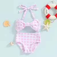Toddler Girl Bikini Set Baby Kid Summer Swimsuit Bathing Suit Flower Plaid Print Sleeveless Bow Bikini Tops with Short Swimwear 6