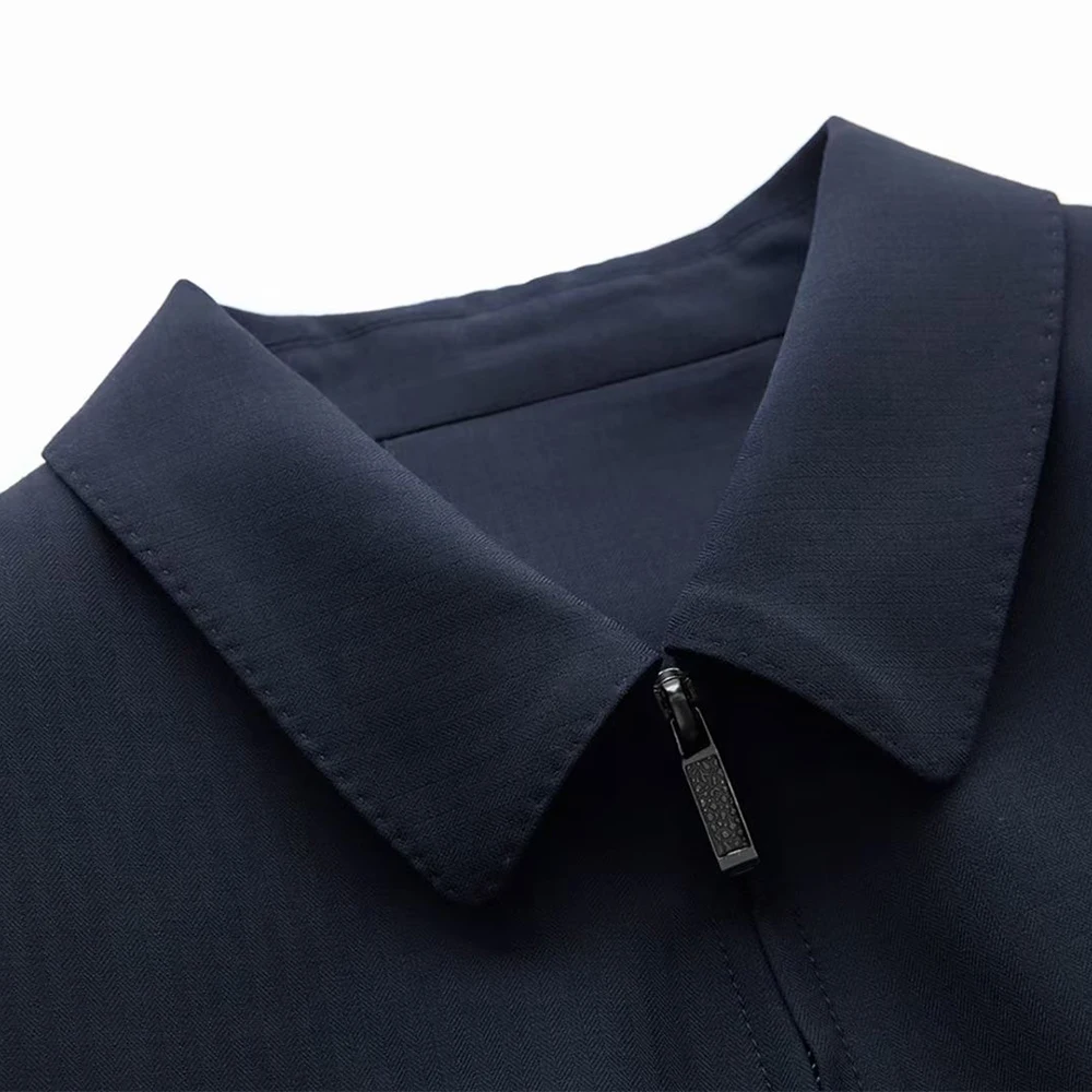 Designer Fashion Business Casaul Mens Jacket Zip Up Jacket Jackets For Men Zip-Front Closure Navy Herringbone Premium Wool Blend
