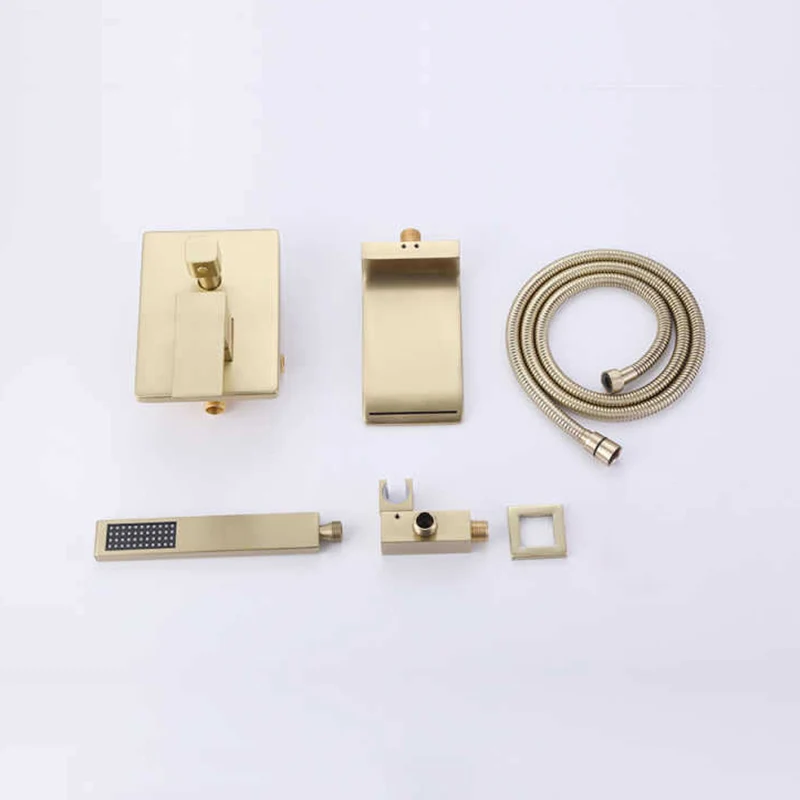 ZAPPO Brushed Gold Bathroom Bathtub Shower Set Waterfall Mixer Tap Wall Mount Solid Brass Shower Systerm w/Handheld Shower Head 6