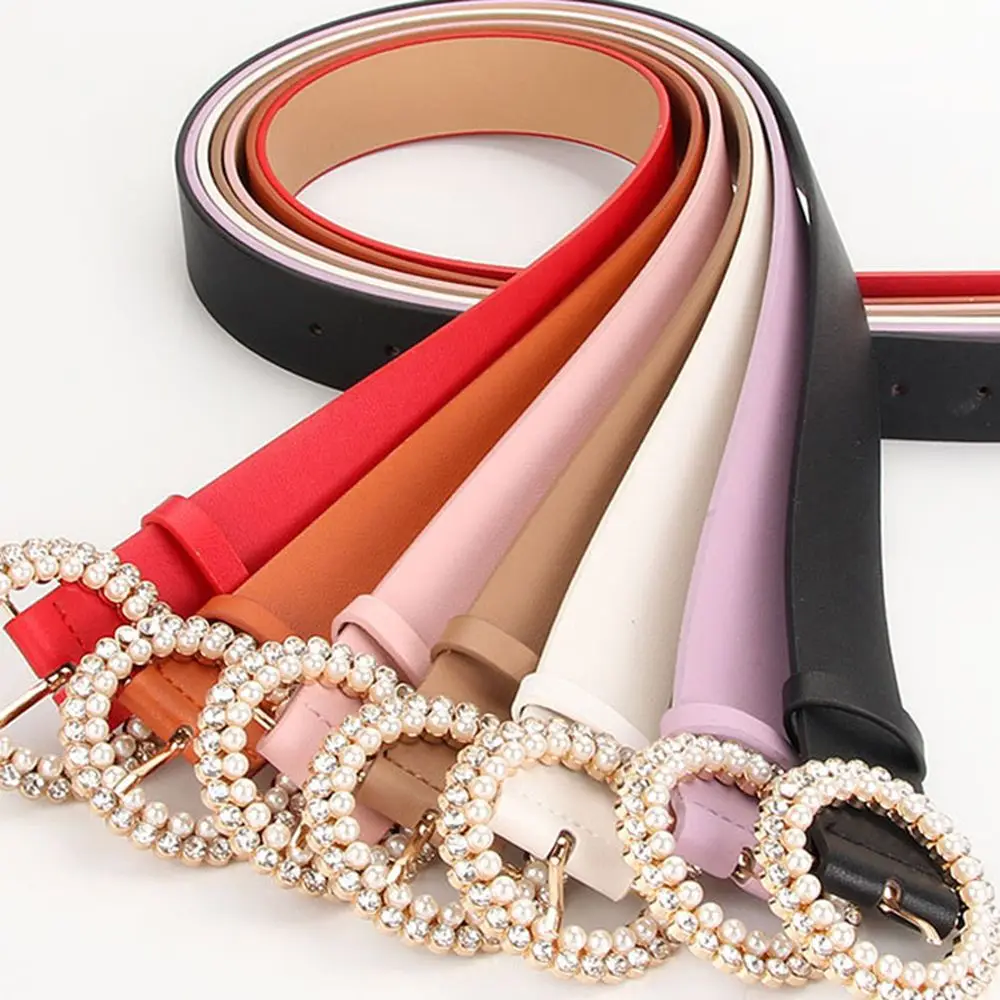 

Classic Elegant Round Buckle Pu Leather Fashion Crystal Dress Decoration Korean Style Belt Pearl Women's Belt