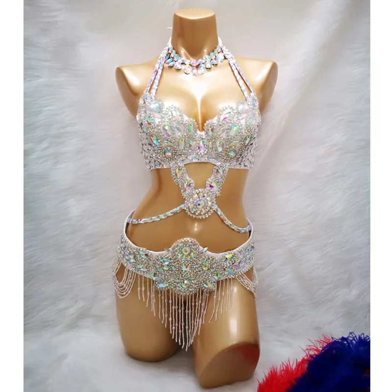 

New Beaded Crystal Belly Dance Costume Wear For Women Bra+Belt+Necklace 3pc Set Sexy Bellydancing Suit Bellydance Clothes Outfit