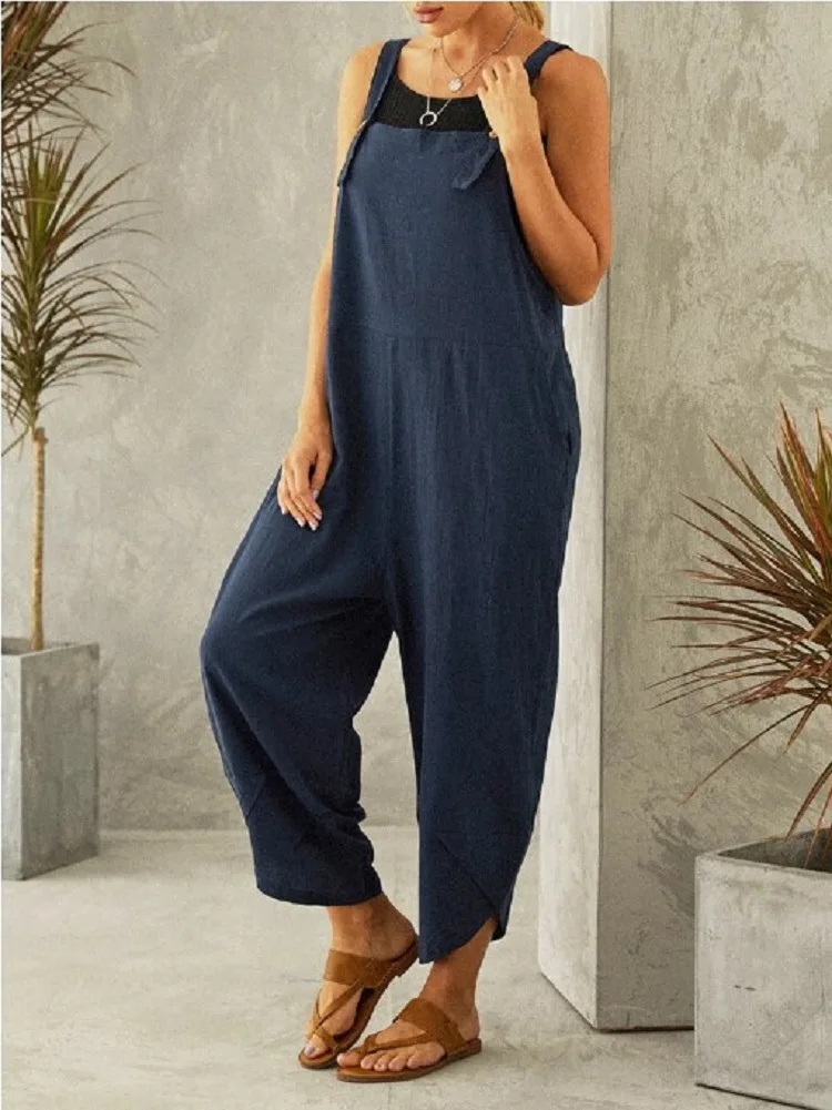 Cotton Linen Wide Leg Overalls for Women