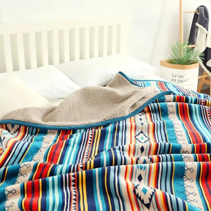 Bohemian Sherpa Bed Blanket King Size 90'' x 108'' with Native American Design for Cozy Warmth on Bed Couch or Sofa Ideal for I