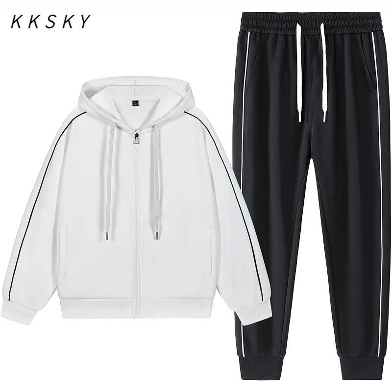

KKSKY White 2 Pieces Sets Men's Tracksuits Coats Winter Jacket Male Clothing Jogging Pants+sweatshirts Striped Casual Sportswear