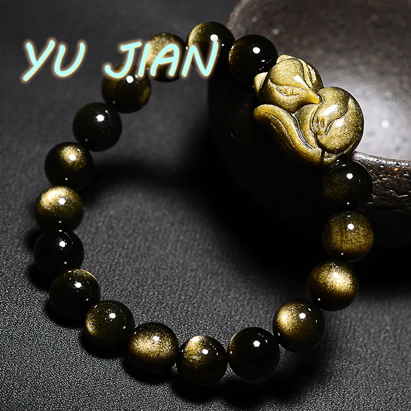 

Newest Natural Gold Obsidian Fox Men Bracelet Trendy Animal Foxhound 8-16mm Beaded Women Powerful Stretch Bangle Jewelry