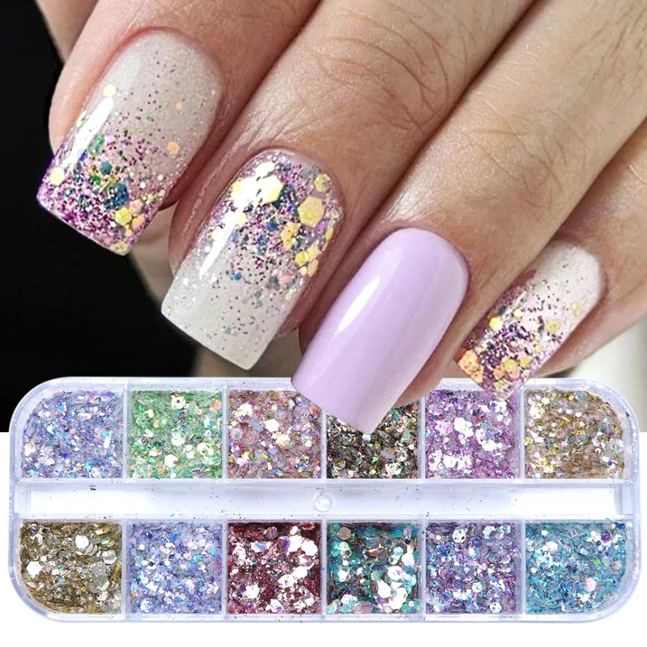 12 Colors Iridescent Nail Art Glitter Sequins Chunky Glitter Hexagon Fine  Glitters Flakes for Nail Art Holographic 3D Sparkly Acrylic Nails