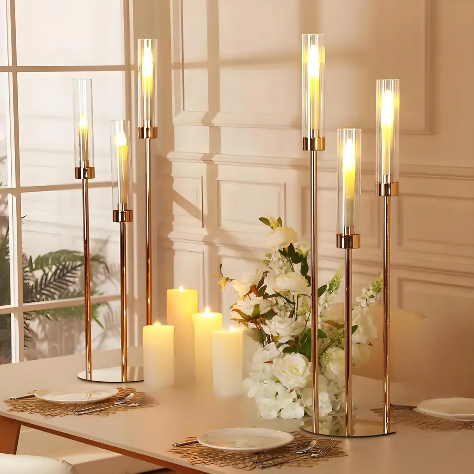 Elegant 3 Arm Gold Candelabra Centerpiece Set