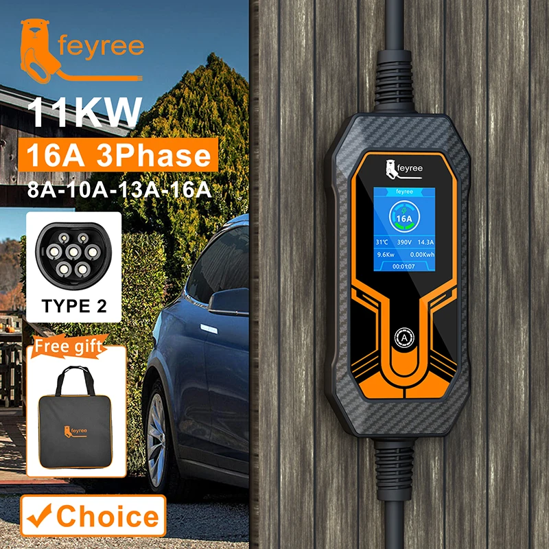 

feyree EV Portable Charger Type2 5M Cable 11KW 16A 3 Phase EVSE Charging Box Electric Car Charger CEE Plug for Electric Vehicle