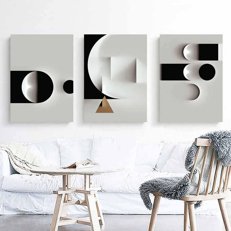 3PCS Modern Abstract Geometric Shape with Frame Canvas Painting Nordic Living Room Interior Decor Poster Wall Art Picture Decor