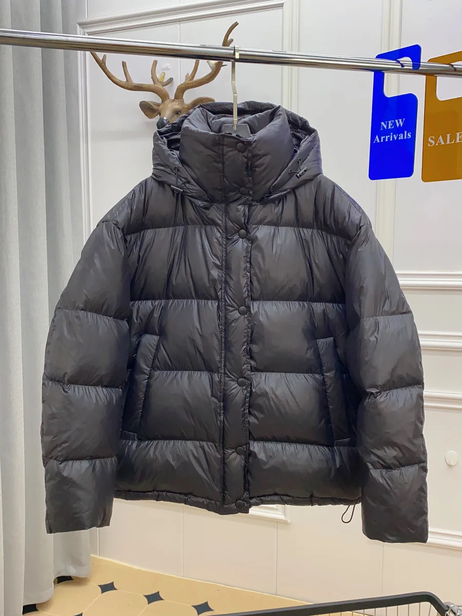 Schinteon Women White Duck Down Jacket with Removable Hood Warm Autumn Winter Outwear Simple Solid Color Casual Over Size Coat