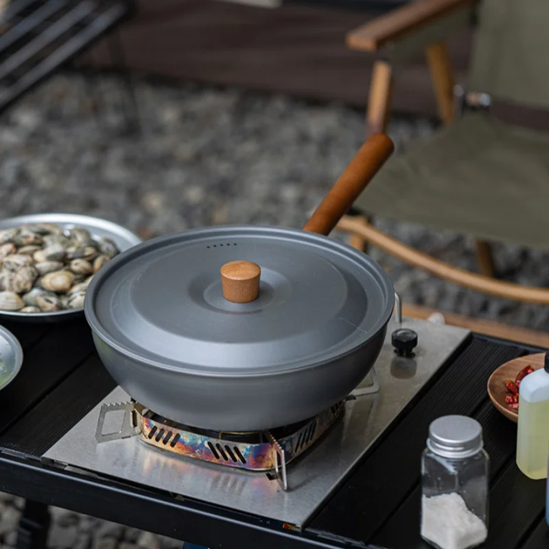 Outdoor Aluminum Alloy Frying Pan Solid Wood Handle Portable Camping Picnic Pot Detachable Handle Household Frying Pan