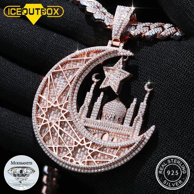 Personalized Iced Out Bling Moon Pendant Custom Memory Photo Pendant Necklace 925 Silver Hip Hop Jewelry Gifts for Women Men