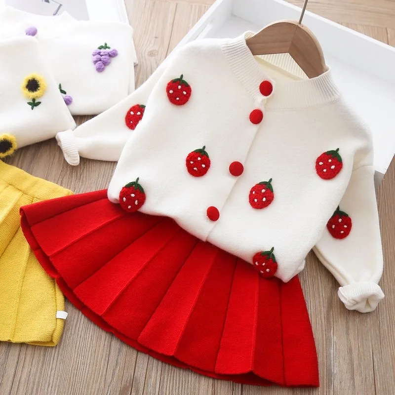 New Toddler Girls Clothing Set Spring Cartoon Strawberry Thicken Fleece Sweater Coat + Skirts 2Pcs Suit For Kids Outfit