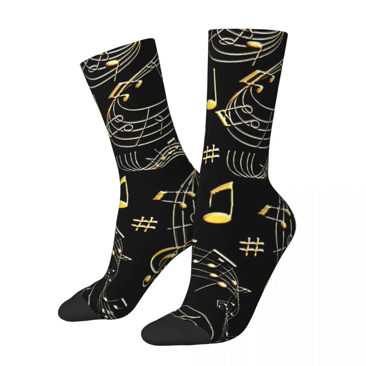

3D Three Dimensional Music, Musical Notes, Gold Embossed Men Women Socks Windproof Novelty Spring Summer Autumn Winter Stockings