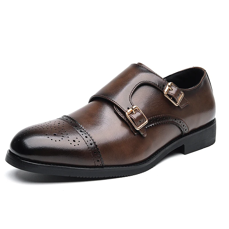 WAERTA Classic Double Buckle Men's Block Low Top Leather Shoes Fashionable Business Banquet Party Brown Pointed Leather Shoes mens brogue shoes