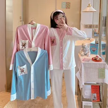 

Long-sleeved Pajamas Winter Cute Bear Home Wear Suit Cardigan V-neck Pajamas Sweet Wind Ladies Casual and Comfortable Home Wear