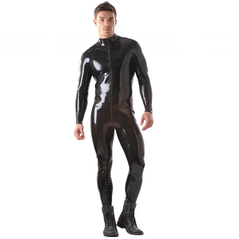 Plus Size S-6XL Men Wetlook PVC Bodycon Jumpsuit Front Zipper Zentai Long Sleeve Cosplay Catsuit Halloween Performance Costume