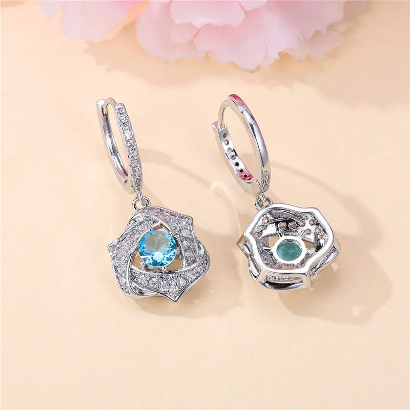 Female Crystal Light Blue Zircon Stone Dangle Earring Cute Tassel Long Wedding Jewelry For Women