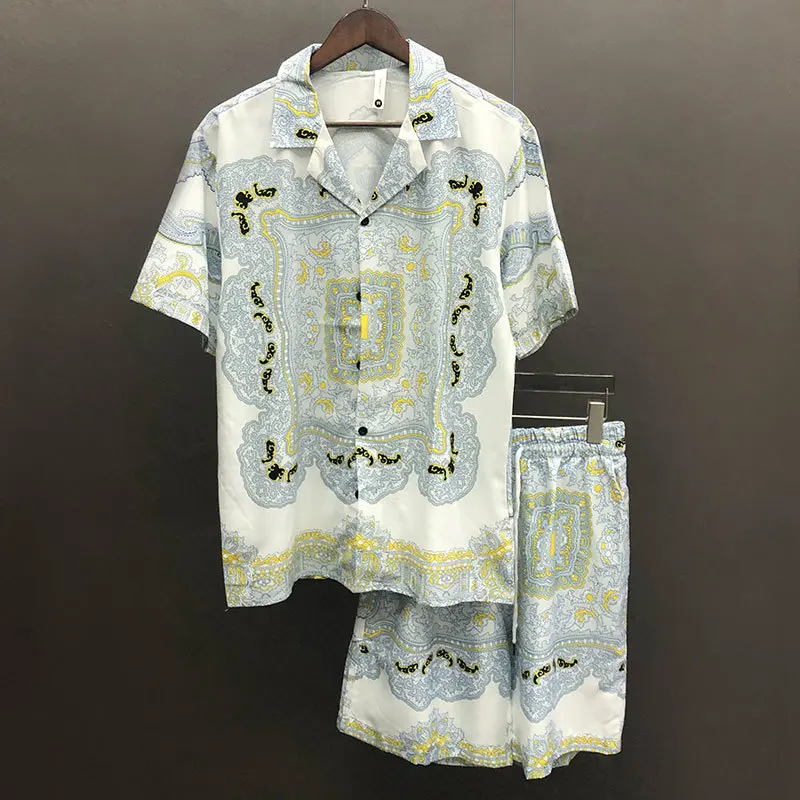 

Men Hip Hop Beach Holiday Short Sleeve SuitLoose Short Sleeve Shirt Set Casual Vintage Geometric Patterns Printing Short Set