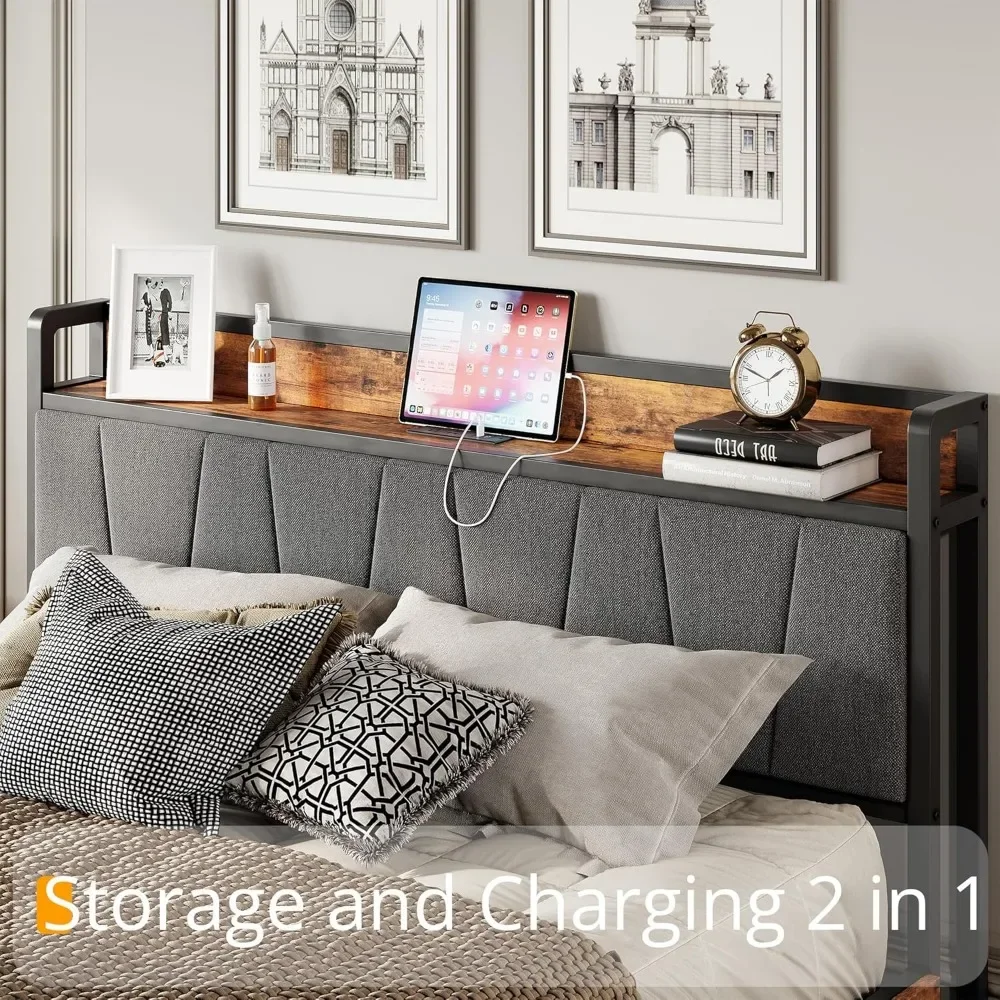 NEW-LIKIMIO King Bed Frame with 4 Storage Drawers, Platform Bed with Charged Headboard, Sturdy and Stable, No Noise, No Box Spri