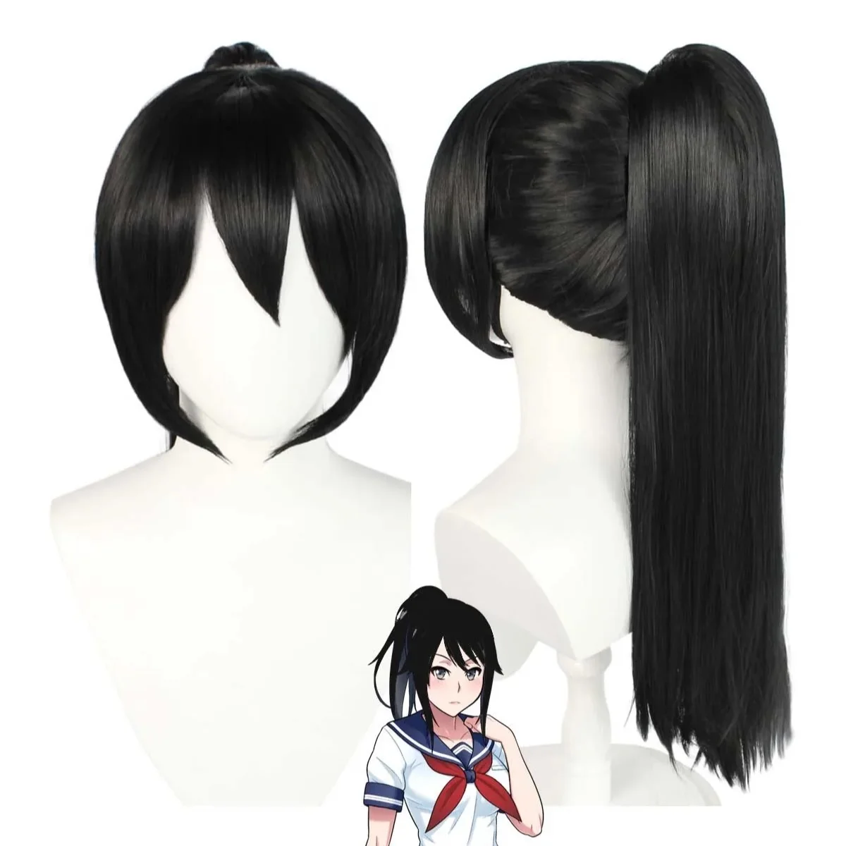 Schwarze gerade lange Pferdeschwanz-Perücke (für Damen) Halloween-Partyspiel: „Yandere Simulator“ Aishi Ayano Cosplay – Detail 1