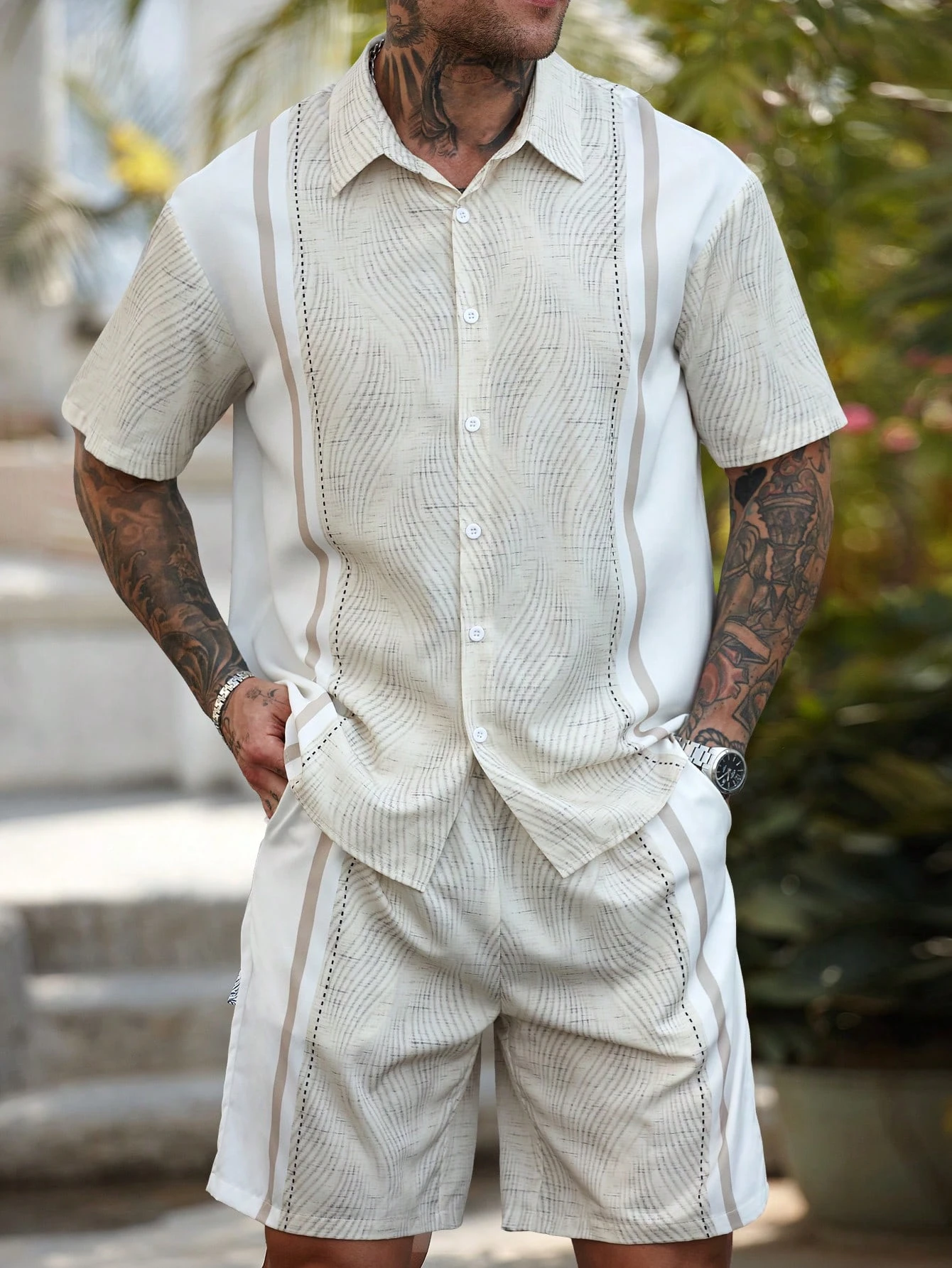 هاواي بسيط شريط طباعة قميص رجالي والسراويل قطعتين...