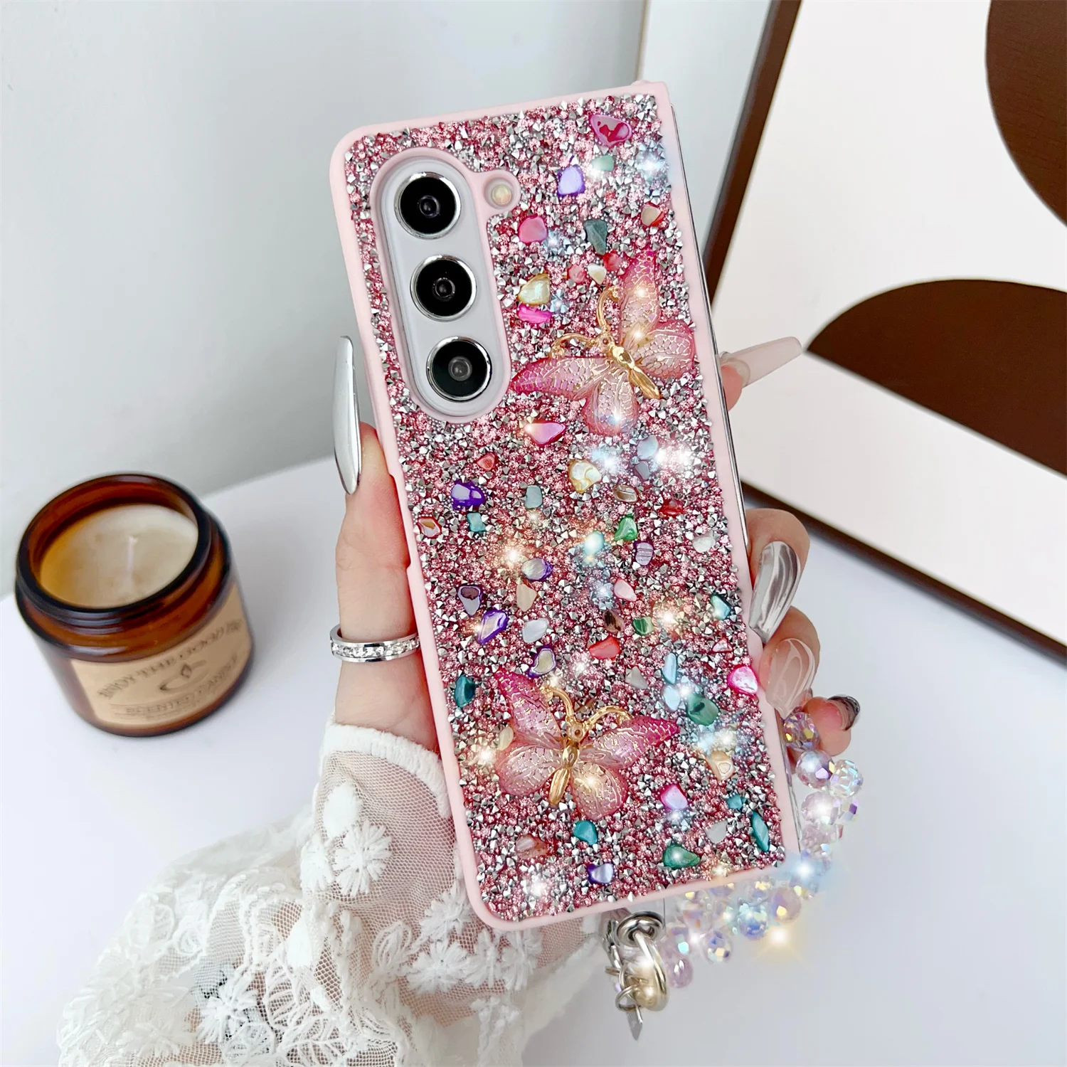 Full Diamond Glitter Shockproof Case with 3D Colorful Gem Butterfly and Strap