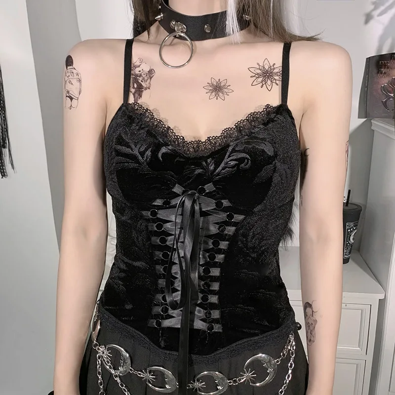 Женский бархатный корсет Goth Черный винтажный на шнуровке с открытой спиной и