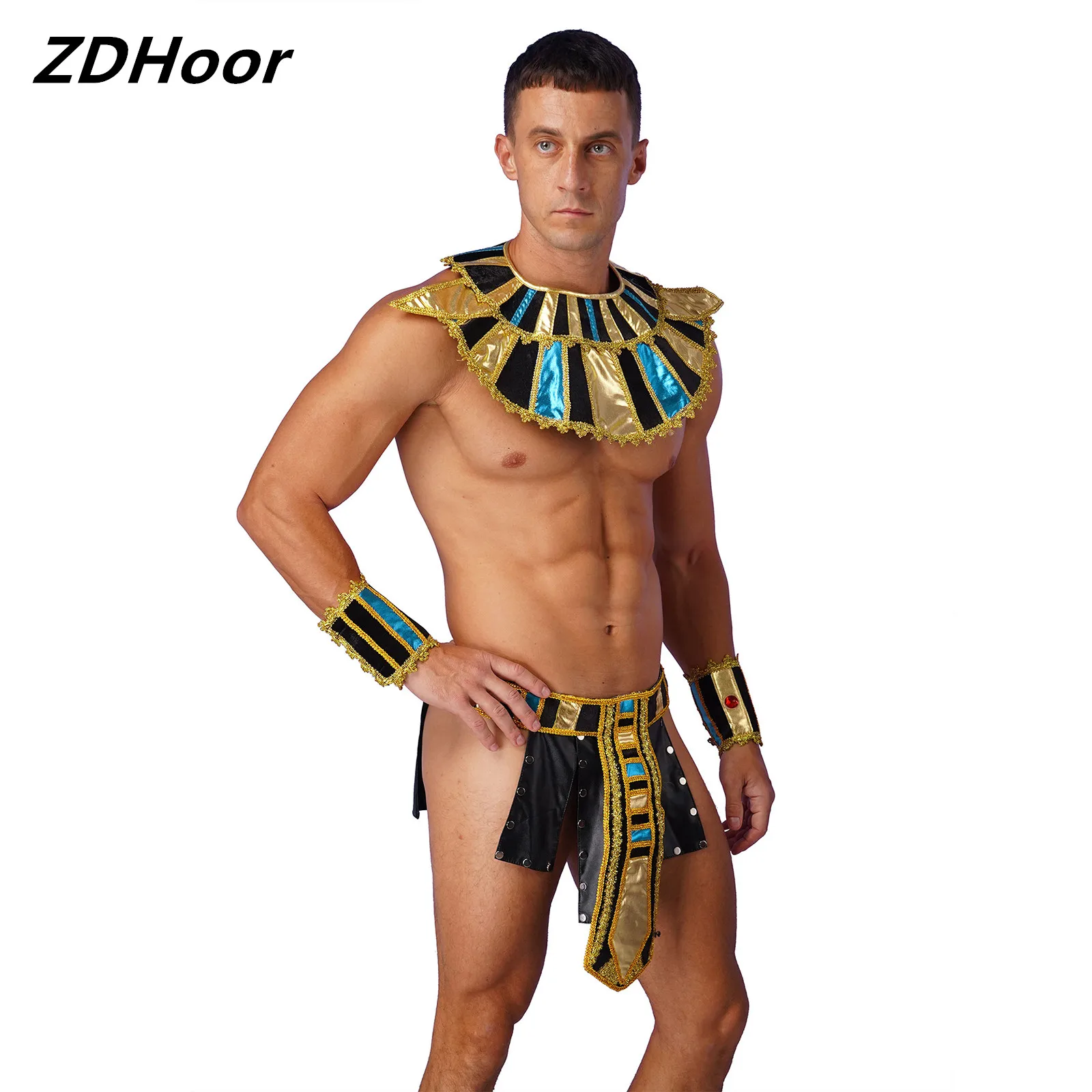 

Mens Halloween Egypt Cosplay Costume Set Panels Low Rise Studded Kilt Underwear with Neck Collar Belt And Wristbands Set