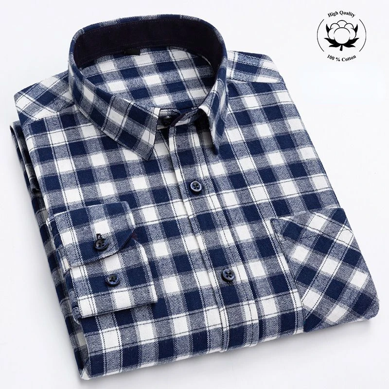 100% Cotton Men's Brushed Shirt Long Sleeve Plaid Checkered Soft Leisure Comfortable Casual Clothing Classical Vintage Pocket