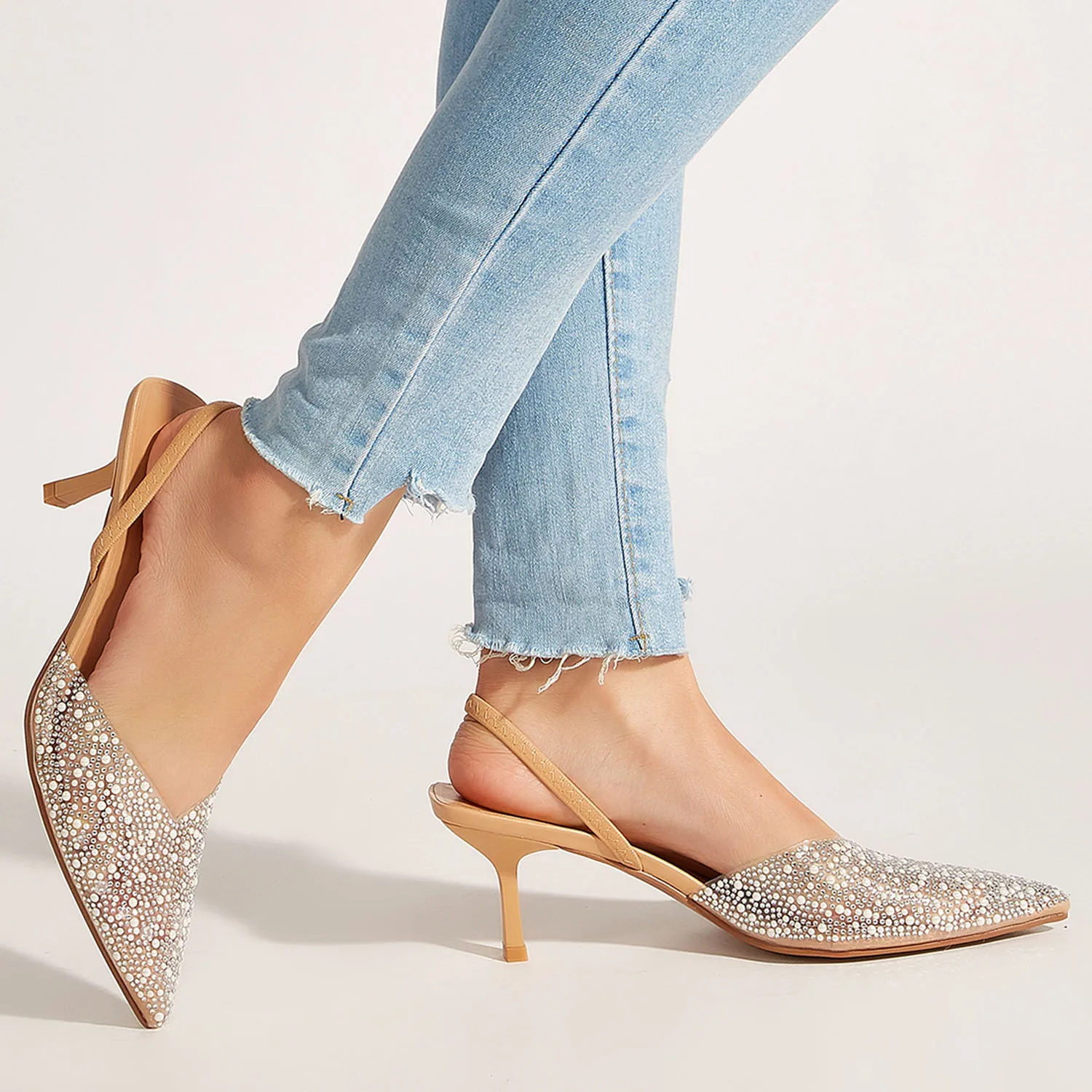 صنادل نسائية براقة بكعب شفاف من اللؤلؤ الصناعي ديك...