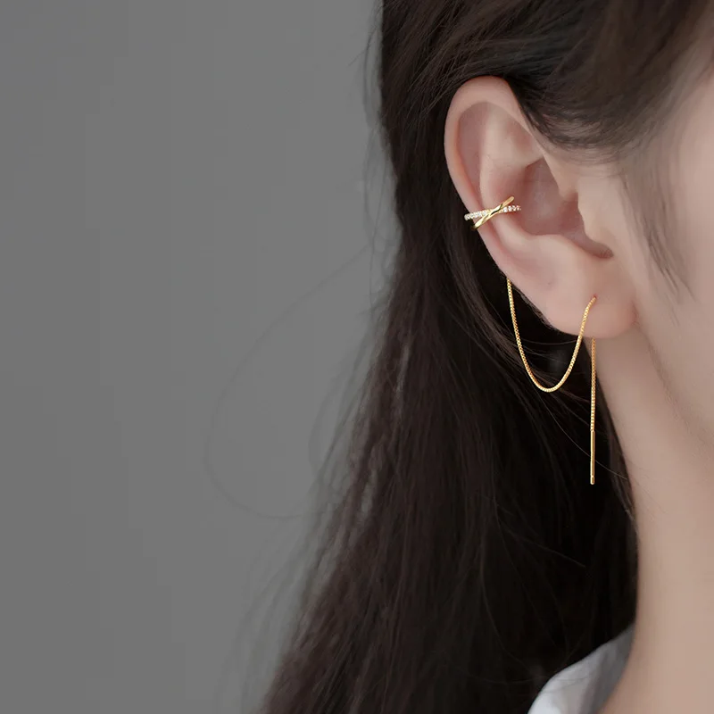 Clip Earrings SOFTPIG Real 925 Sterling Silver Zircon Cross Chain Tassel Clip Earrings For Women Party Fine Jewelry Hiphop Accessories ear clip earrings clip earrings ear clip ear accessories