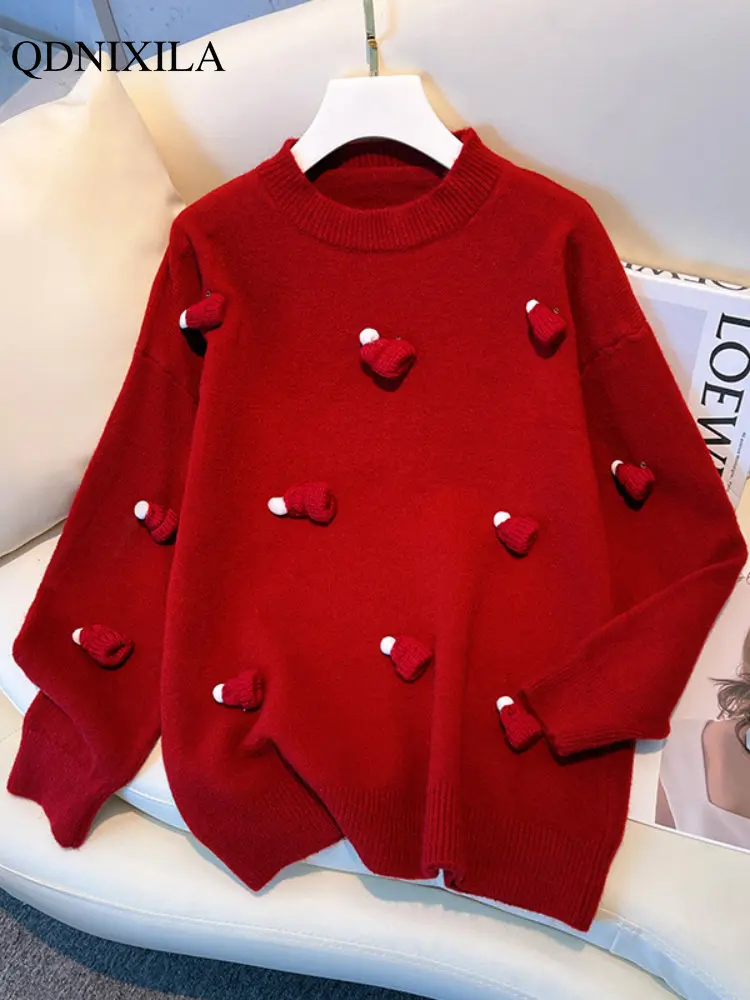 

2023 Autumn Winter Christmas Pullover Thick Women's Sweater Loose Soft Knit Crew Neck Casual Long Sleeve Top Korean Fashion Warm