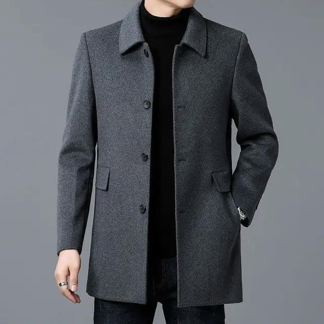 Manteau coupe-vent en laine Double face moyen et Long pour hommes, veste en laine à revers quatre saisons 1
