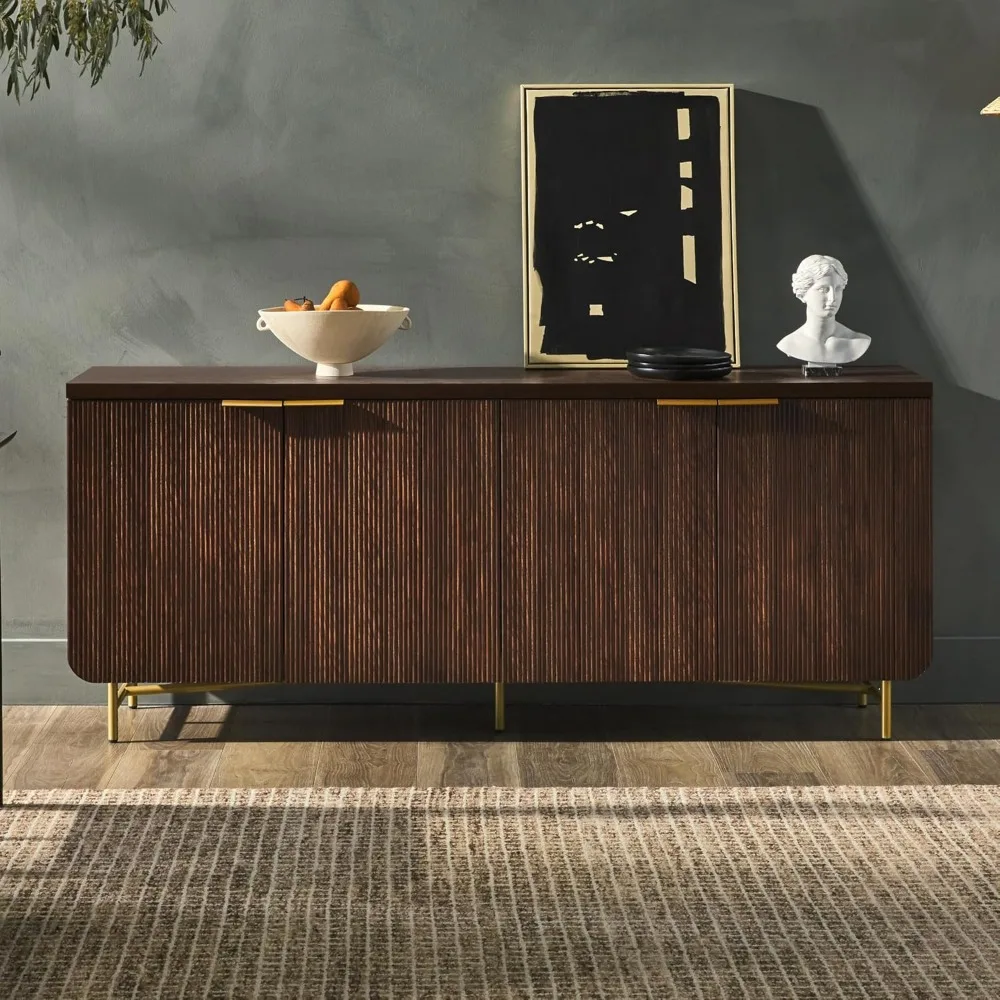 Modern Fluted Door Kitchen Storage Sideboard Buffet Cabinet Console, 69 Inch, Gold,dark Walnut