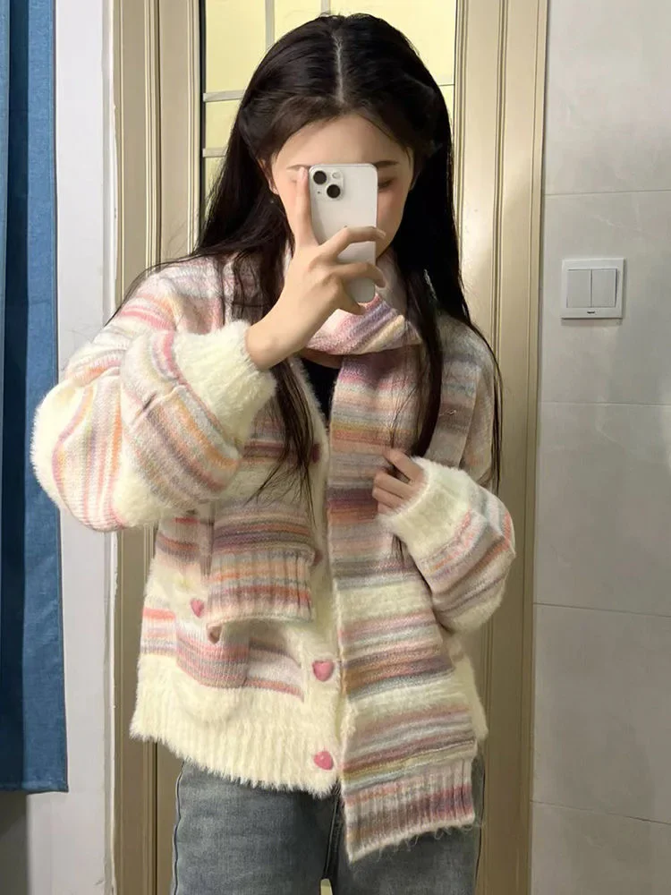 KOSAHIKI Rainbow Striped Cardigan Women Kawaii Heart Button
